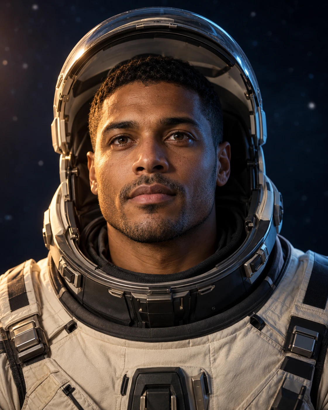 Cosmic Explorer: a portrait of an astronaut with his visor raised, lit in amber and blue.