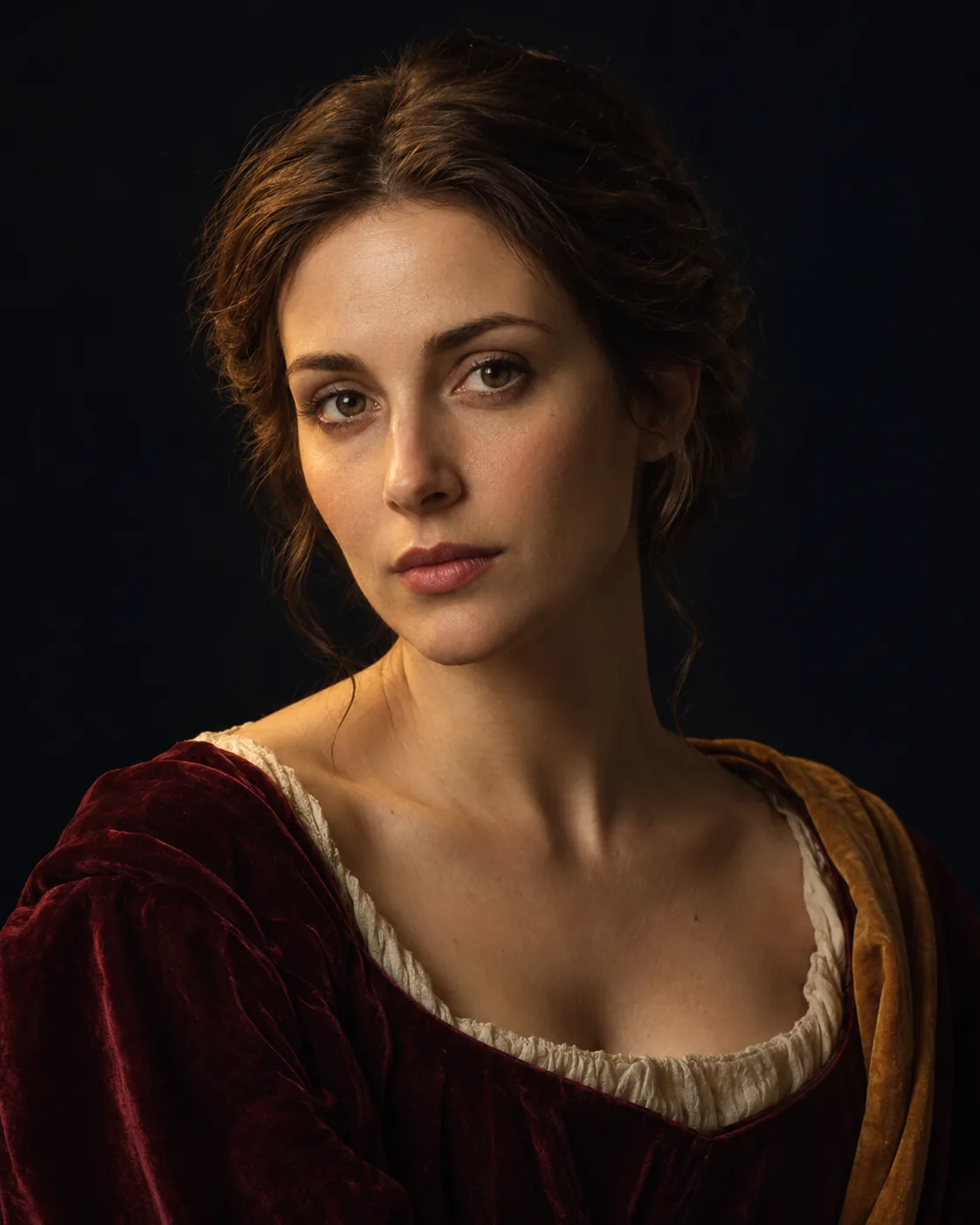 The same woman as a candlelit painting in red velvet.