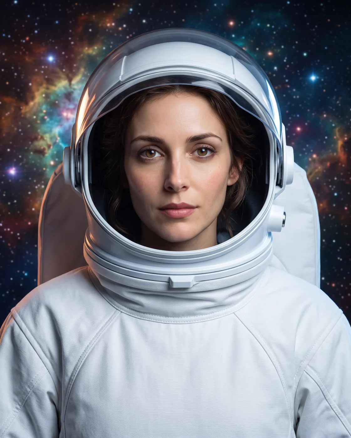 The same woman as an astronaut among the stars, her helmet open.