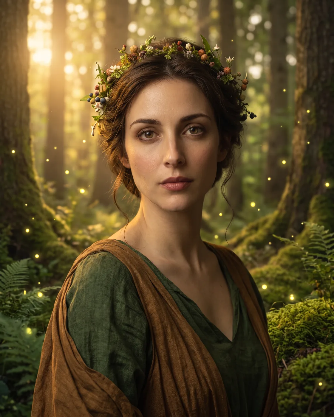 The same woman crowned with wildflowers in a sunlit forest.