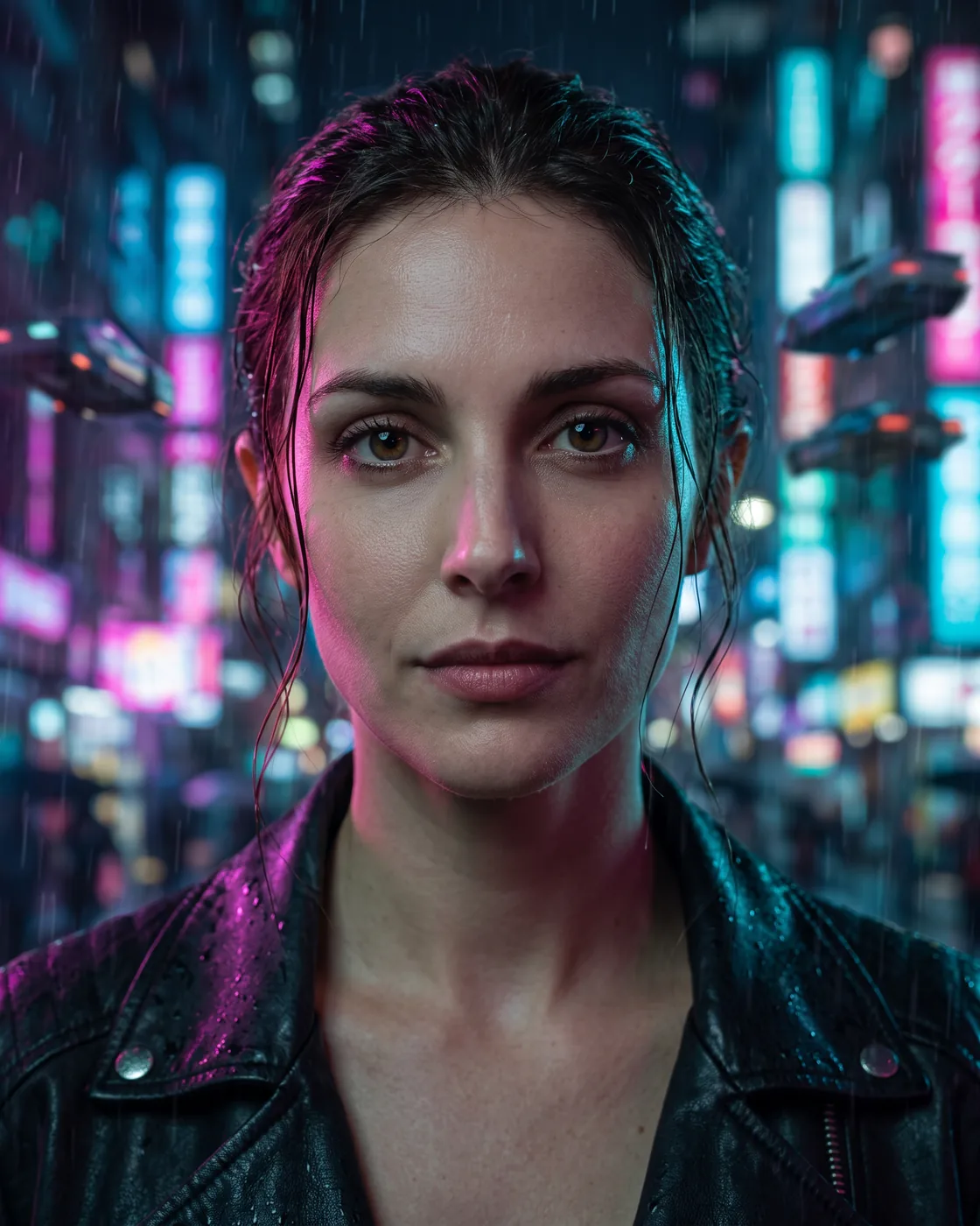 The same woman on a rain-soaked city street, lit by neon.